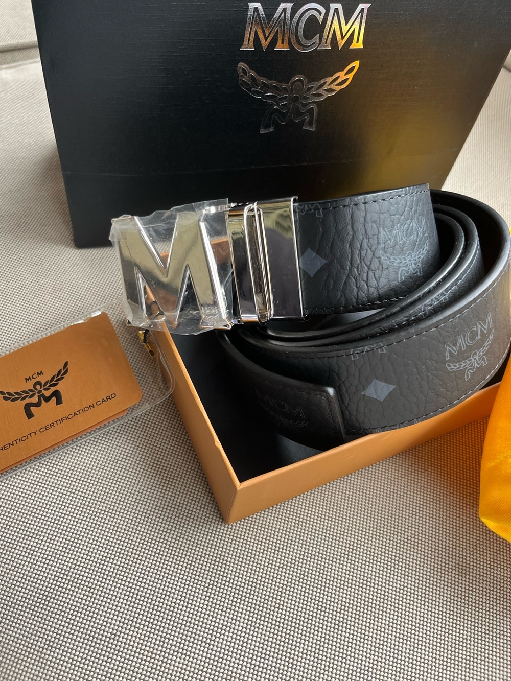 MCM Black Logo-Print Leather Belt with Silver 'M' Buckle 💯 authentic - Picture 2 of 10